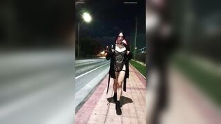 Taniax walks around the town in hawt ebony underware,showing her petite weenie in flat chastity cage