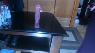 Trans Lady Doxy Daphne Sits on Her Pink Vibrator and Jerks off in a Glass