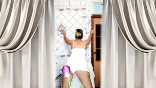 Older housewife Lukerya twerks her curvy figure in white shorts in the kitchen, hawt flirting and teasing movements