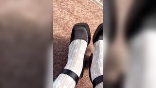 White nylons and high heels on my feet