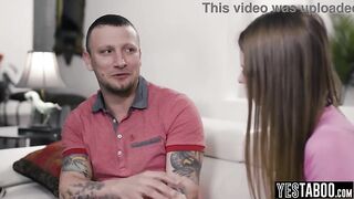 Horny golden-haired teen catches lying aged guy and gets him to bang her hirsute lil vagina