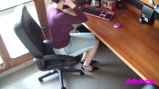 In the Office Wearing Ebony and Purple Pumps