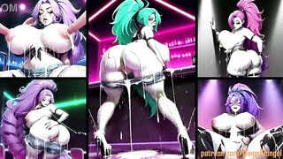 Colored hair honey with large breasts and large booty in high-heels shows huge creampie and likes cum from all sides in her throat and her aperture body. The juices run down her whole body.