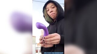 Slender Black Emo Gal masturbates her creamy cunt on the rooftop and eats her own cum