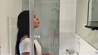 The short petticoat is cut to flash her booty and what is below for the hottest brunette hair glamorous college whore