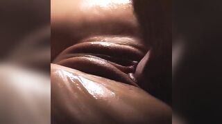 The creampie oozes from my wife's delicate twat