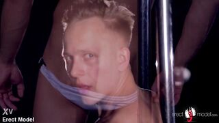 Moist hunk pole dancer and his homo undress beneath showering water