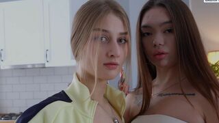 Lustful Teen Eats Creampie From Her Oriental Girlfriend's Wet Snatch After Hard and Coarse Sex with Sugar Dad!