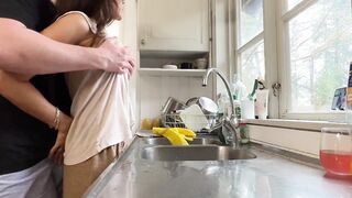 Lustful wife gets banged in the kitchen during the time that doing the dishes