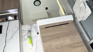 Large breasts large butt sexy hawt gal in the bath with the short pink petticoat shows her braless breasts and lengthy legs