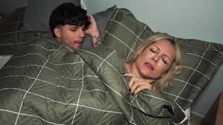 Breasty stepmom shares hotel daybed with stepson and they end up screwing when no one's looking