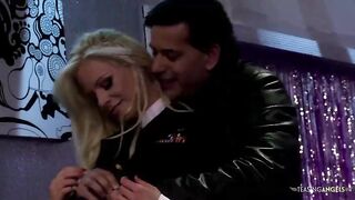 Underneath the stripper pole, the milfs are eagerly swallowing 2 huge ramrods during a foursome. The spit works perfectly as lube during the time that they are vigorously pummeling the nasty blondes from behind.