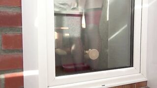 I watch throughout the window, as my neighbour with a hot ass masturbates with a rubber weenie. Is that babe doing this by the window on purpose? Amateur.