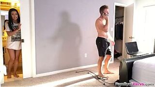 Large melons stepdaughter Aaliyah Hadid stands fully stripped ifo stepdad and is willing to go.The breasty brunette hair knows this chab can not resist and gives him a blow job