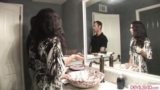 Latin babe stepsis Tia Cyrus gets concupiscent watching her stepbro masturbating.That babe joins in,sucks his large penis and facesits the stud previous to letting him bang her