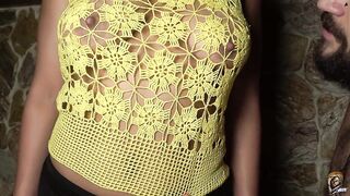 Her bazookas look incredible throughout this yellow woven blouse. Playing with her breasts n' cum on bazookas