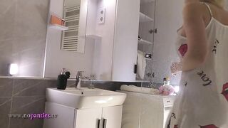 Hawt angel cute golden-haired excited gal in pink pants and with a satin nightie does the washroom routine previous to plan to the couch