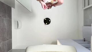 Hawt angel cute golden-haired excited gal in pink pants and with a satin nightie does the washroom routine previous to plan to the couch