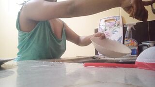 WASHING DISHES MAKES ME CONCUPISCENT THE NEIGHBOUR SPIES ON ME THROUGHOUT THE WINDOW AND I SHOW HIM MY LARGE BOOBS