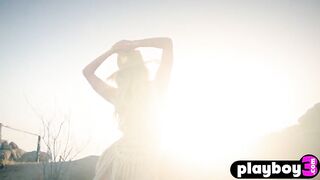 Blond chick Emma Hix undressed her marvelous body after sexy striptease session for the Playboy and hawt hotty enjoyed solo action