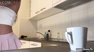 Out of a brassiere in the kitchen this babe has pants or no underclothes one get to look at underneath her mini petticoat