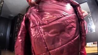 Red Nylon Jumpsuit Fetish Cameltoe Tease, Unfathomable Oral pleasure and Cum on My Downjacket