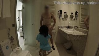 Schlong Flash! The hotel maid caught me masturbating in the baths and gave me a fellatio to finish
