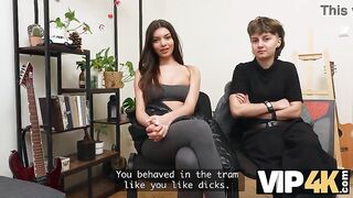 VIP4K. 2 gorgeous Lesbos don't mind to having a Three-some with a stranger from the educate