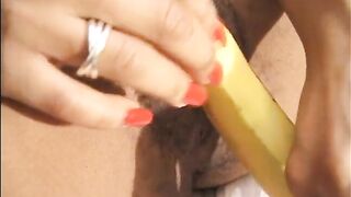 Bushy vintage ebony cunt banana permeated in cunt in throat