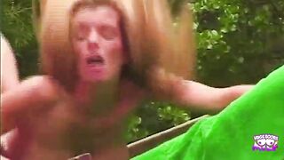 A not experienced hot golden-haired drilled outdoors by the pool by a tattooed chap