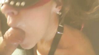 Swemature cumslut in mask and chains swallows cum and fountain squirts.