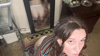 Sexually excited Brunette hair Smokin' and Riding Sextoy