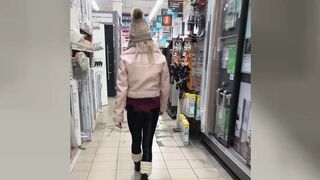 Public in a nylon open-crotch catsuit! Cute tgirl angel cums whilst shopping!
