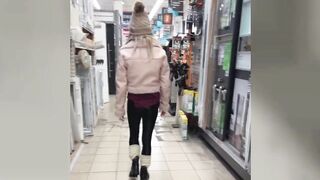 Public in a nylon open-crotch catsuit! Cute tgirl angel cums whilst shopping!