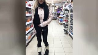 Public in a nylon open-crotch catsuit! Cute tgirl angel cums whilst shopping!