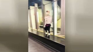 Public in a nylon open-crotch catsuit! Cute tgirl angel cums whilst shopping!