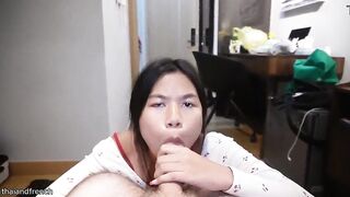 A charming Oriental woman gets banged by a large white ramrod and receives a large facial.