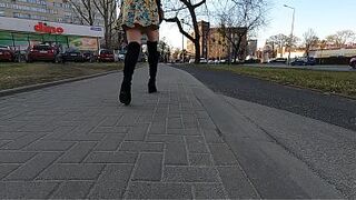 Super sexy gal flashing her super hot butt in public around town walk and shopping