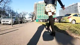 Super sexy gal flashing her super hot butt in public around town walk and shopping