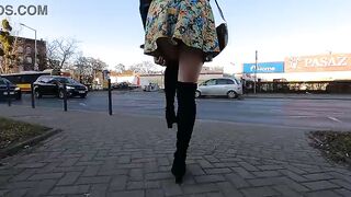 Super sexy gal flashing her super hot butt in public around town walk and shopping