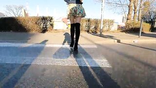 Super sexy gal flashing her super hot butt in public around town walk and shopping