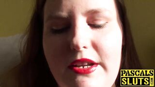 Cute big beautiful woman whore Mea Malone masturbates and sucks large weenie. See how this big beautiful woman hotty plays with her chubby vagina whilst sucking Pascals large rod.