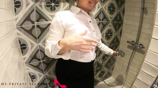 my intimate secretary in business costume having pleasure with the boss in the shower