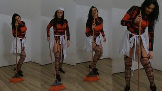 Nasty Maid Teases with Broom and Mop in a Dusty Room