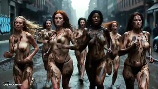 [AI-generated] Future Rave Mud Run in South Bronx - AI Cuties Racing Nearly Stripped with Bouncing Bazookas Getting Ribald in Rainy Streets