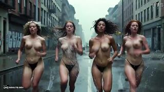 [AI-generated] Future Rave Mud Run in South Bronx - AI Cuties Racing Nearly Stripped with Bouncing Bazookas Getting Ribald in Rainy Streets