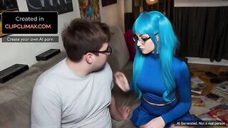 AI Gen Hot Blue-Haired Nerd Hotty Seduces Chubby Nerd during the time that reading hentai and Rides Him Cowgirl - Sex with cosplayer usiing glasses at his bed