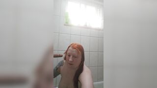 Redheaded Girlfriend with Large Breasts plays with sex tool in the shower. deepthroat, facefuck, snatch bang!