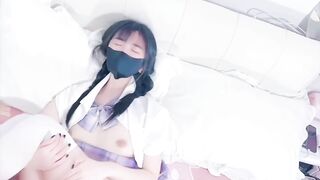 There're a couple of slim white silk legs inserted into the wet white tiger aperture, white silk legs and soaked pussy