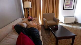 Stepmom shares hotel couch with stepson and they end up banging - Leaving her creampied